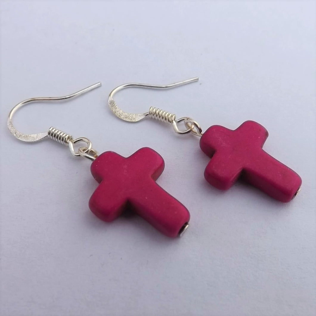 Handmade Dark Pink Cross Earrings