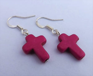 Handmade Dark Pink Cross Earrings