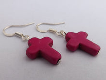 Load image into Gallery viewer, Handmade Dark Pink Cross Earrings
