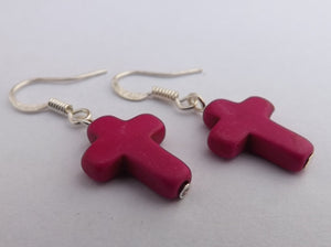 Handmade Dark Pink Cross Earrings