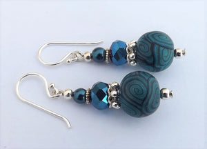 Handmade Mid Blue Kathryn Design bead earrings on Sterling Silver Hooks