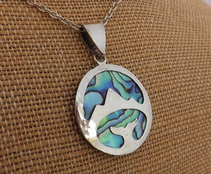 Handmade Paua & Sterling Silver Mountains and Whale Pendant Necklace