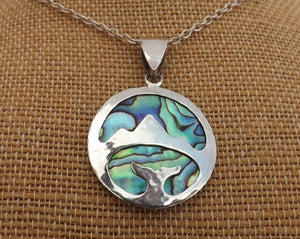 Handmade Paua & Sterling Silver Mountains and Whale Pendant Necklace