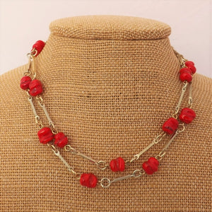 Red Beads & Gold Tone Chain Link Necklace