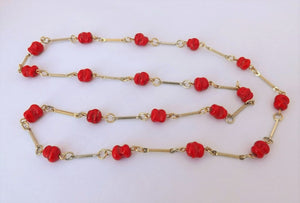 Red Beads & Gold Tone Chain Link Necklace