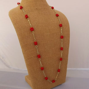 Red Beads & Gold Tone Chain Link Necklace