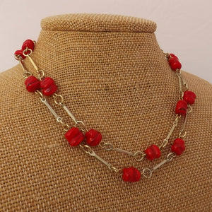 Red Beads & Gold Tone Chain Link Necklace