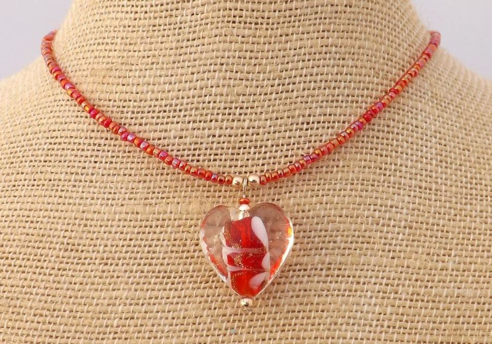 Handmade Red Glass Heart Pendant Necklace