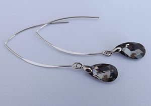 Grey Crystal Teardrop Earrings on Long Silver Tone Kidney Hooks