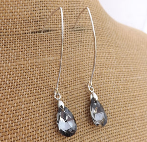 Grey Crystal Teardrop Earrings on Long Silver Tone Kidney Hooks
