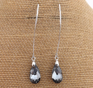 Grey Crystal Teardrop Earrings on Long Silver Tone Kidney Hooks