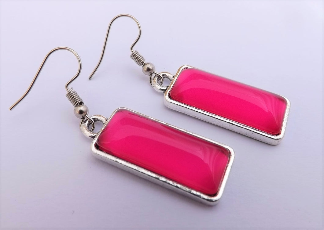 Hot Pink Rectangle Dome Drop Earrings