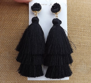 Black Triple Layer Tassel Earrings