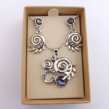 Load image into Gallery viewer, Koru &amp; Silver Fern with Paua Earrings &amp; Necklace Set
