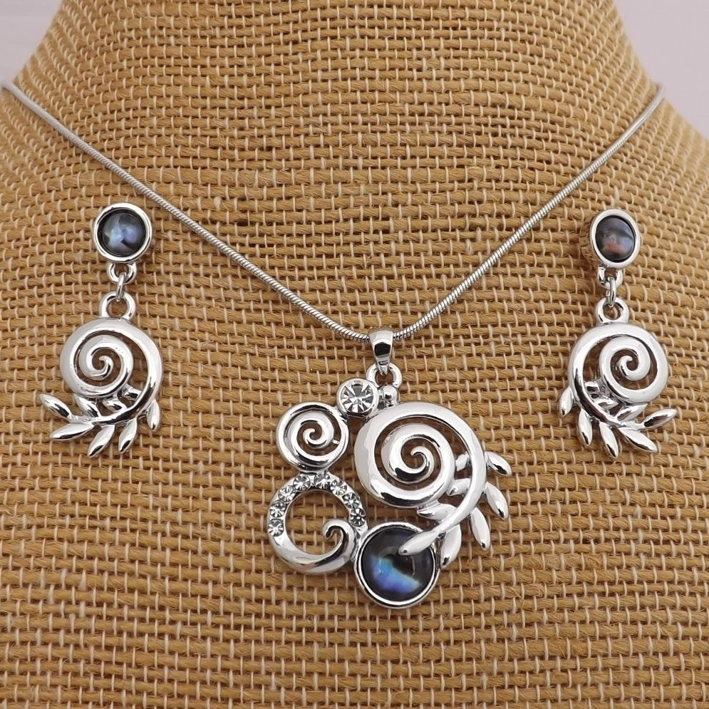 Koru & Silver Fern with Paua Earrings & Necklace Set