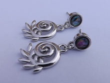 Load image into Gallery viewer, Koru &amp; Silver Fern Drop Earrings on Paua Stud Setting
