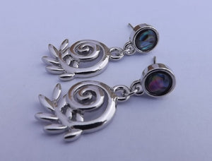 Koru & Silver Fern Drop Earrings on Paua Stud Setting