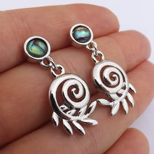 Load image into Gallery viewer, Koru &amp; Silver Fern Drop Earrings on Paua Stud Setting
