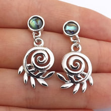 Load image into Gallery viewer, Koru &amp; Silver Fern Drop Earrings on Paua Stud Setting
