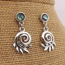 Load image into Gallery viewer, Koru &amp; Silver Fern Drop Earrings on Paua Stud Setting
