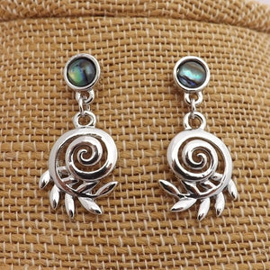 Koru & Silver Fern Drop Earrings on Paua Stud Setting