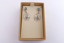 Load image into Gallery viewer, Koru &amp; Silver Fern Drop Earrings on Paua Stud Setting
