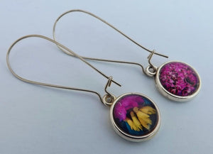 Kowhai & Pink Flowers Double Sided Dome Earrings on Long Kidney Hooks