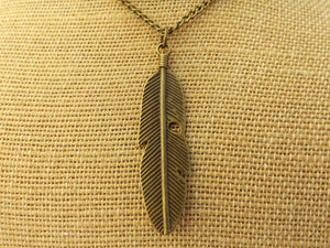 Large Bronze Tone Feather Pendant Necklace