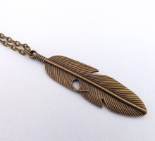 Load image into Gallery viewer, Large Bronze Tone Feather Pendant Necklace
