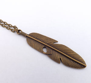 Large Bronze Tone Feather Pendant Necklace