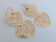 Load image into Gallery viewer, Large Gold Tone Light Double Heart Drop Earrings
