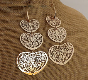 Large Gold Tone Light Triple Heart Drop Earrings