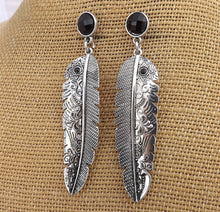 Load image into Gallery viewer, Large Silver Tone Feather with Black Faceted Stud, Earrings
