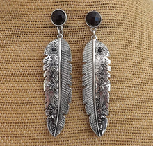 Load image into Gallery viewer, Large Silver Tone Feather with Black Faceted Stud, Earrings
