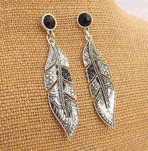 Load image into Gallery viewer, Large Silver Tone Feather with Black Faceted Stud, Earrings
