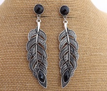 Load image into Gallery viewer, Large Silver Tone Feather with Black Faceted Stud, Earrings
