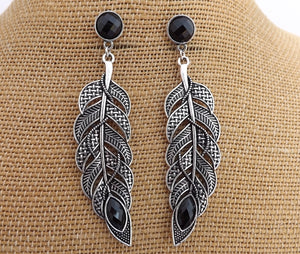 Large Silver Tone Feather with Black Faceted Stud, Earrings