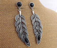 Load image into Gallery viewer, Large Silver Tone Feather with Black Faceted Stud, Earrings
