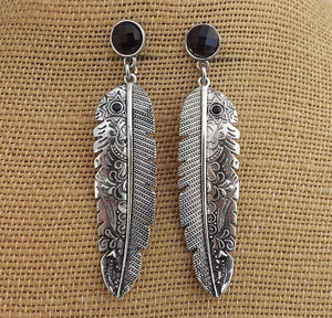 Large Silver Tone Feather with Black Faceted Stud, Earrings