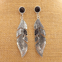 Load image into Gallery viewer, Large Silver Tone Feather with Black Faceted Stud, Earrings
