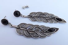 Load image into Gallery viewer, Large Silver Tone Feather with Black Faceted Stud, Earrings
