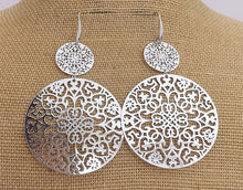 Load image into Gallery viewer, Large Silver Tone Round Filigree Drop Earrings
