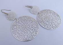 Load image into Gallery viewer, Large Silver Tone Round Filigree Drop Earrings
