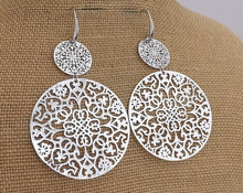 Load image into Gallery viewer, Large Silver Tone Round Filigree Drop Earrings
