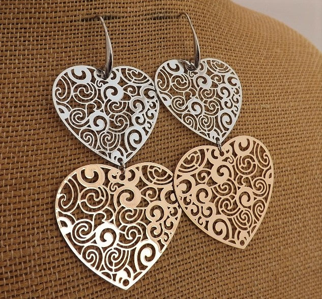 Large Silver & Gold Tone Light Double Heart Drop Earrings