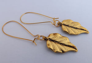 Leaf Earrings Gold Tone on Long Kidney Hooks