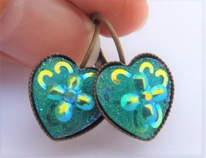 Light Blue AB Lustre Heart Earrings with Lever Back Hooks