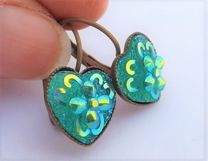 Light Blue AB Lustre Heart Earrings with Lever Back Hooks