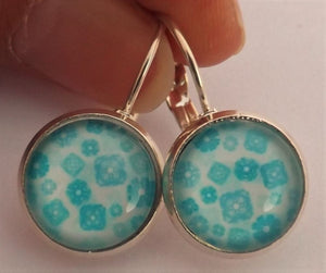 Light Blue Pattern Dome Earrings on Lever back hooks