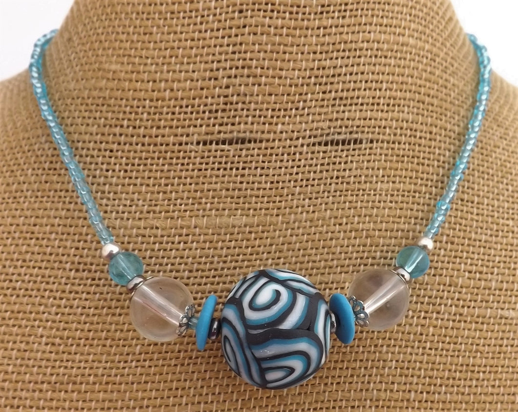 Light Blue, Black & White Koru Chunky Kathryn Design Single Feature Bead Necklace